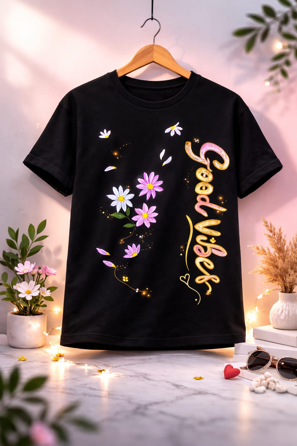 Hand painted "Good Vibes" Floral T-Shirt
